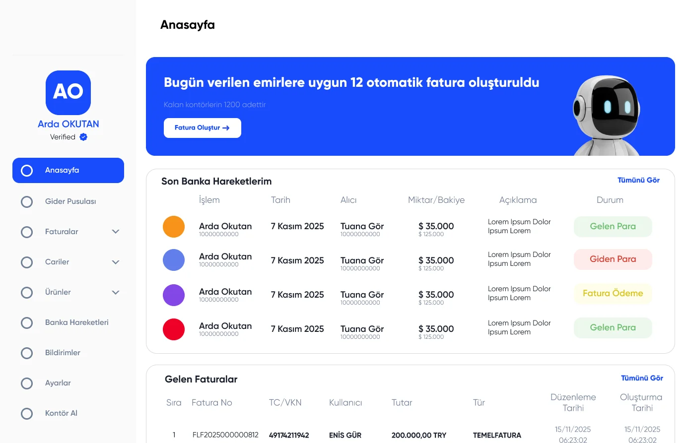 Faturalog Açık Bankacılık Arayüzü